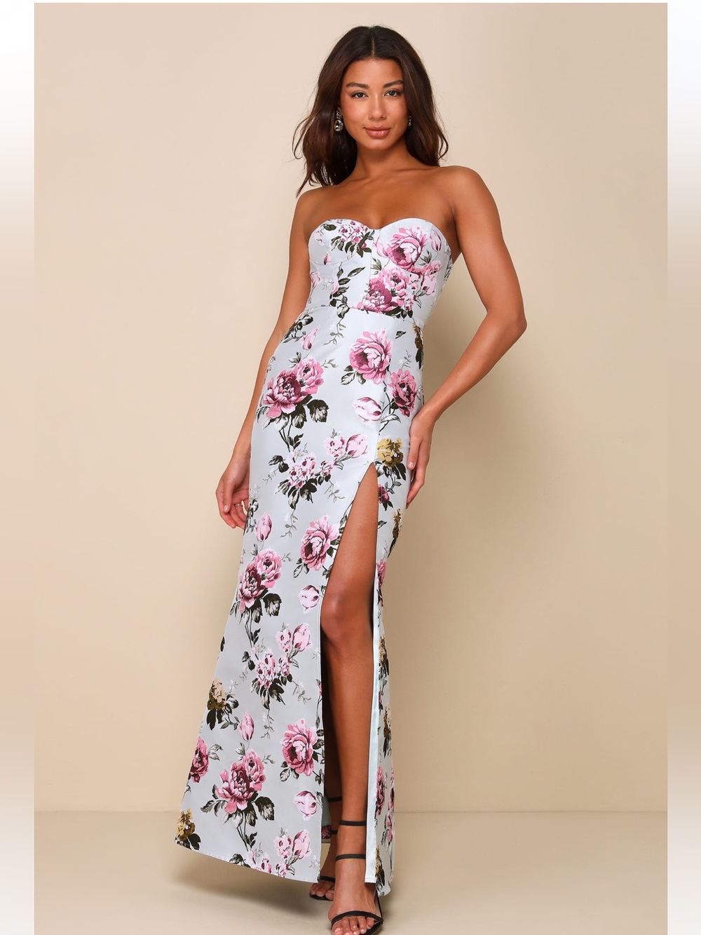 Lulu's Strapless Sweetheart Floral Maxi Dress in Blue and Pink.